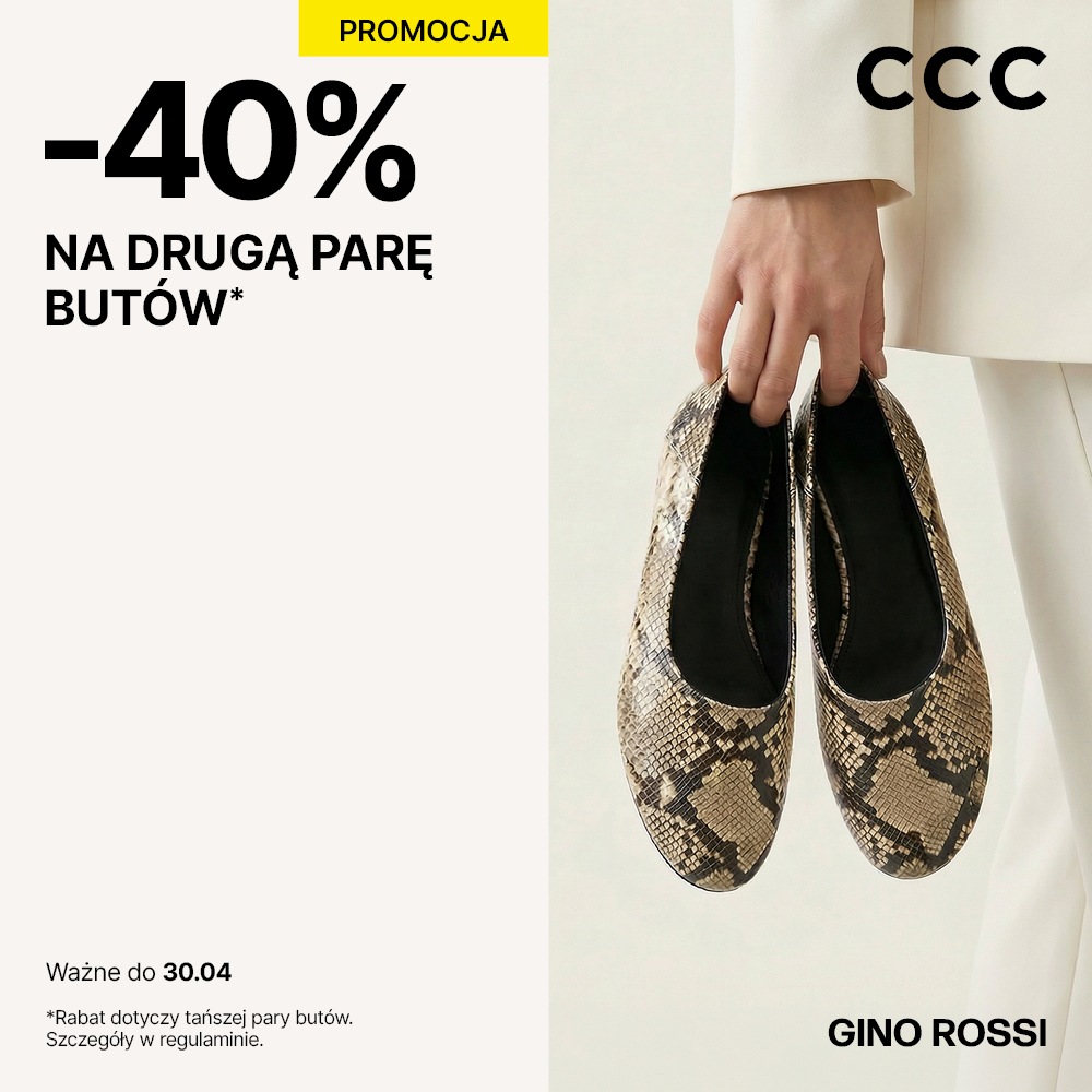 Grafika promocyjna akcji rabatowej na obuwie, przedstawiająca dłoń kobiety, która trzyma parę balerinek. Informacja o promocji -40% na drugą parę butów.