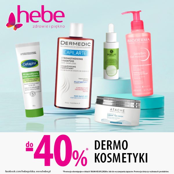 Grafika promocyjna w jasnej kolorystyce, na której widoczne są produkty do pielęgnacji skóry i włosów różnych marek, promująca akcję „do -40% dermokosmetyki” w Hebe.