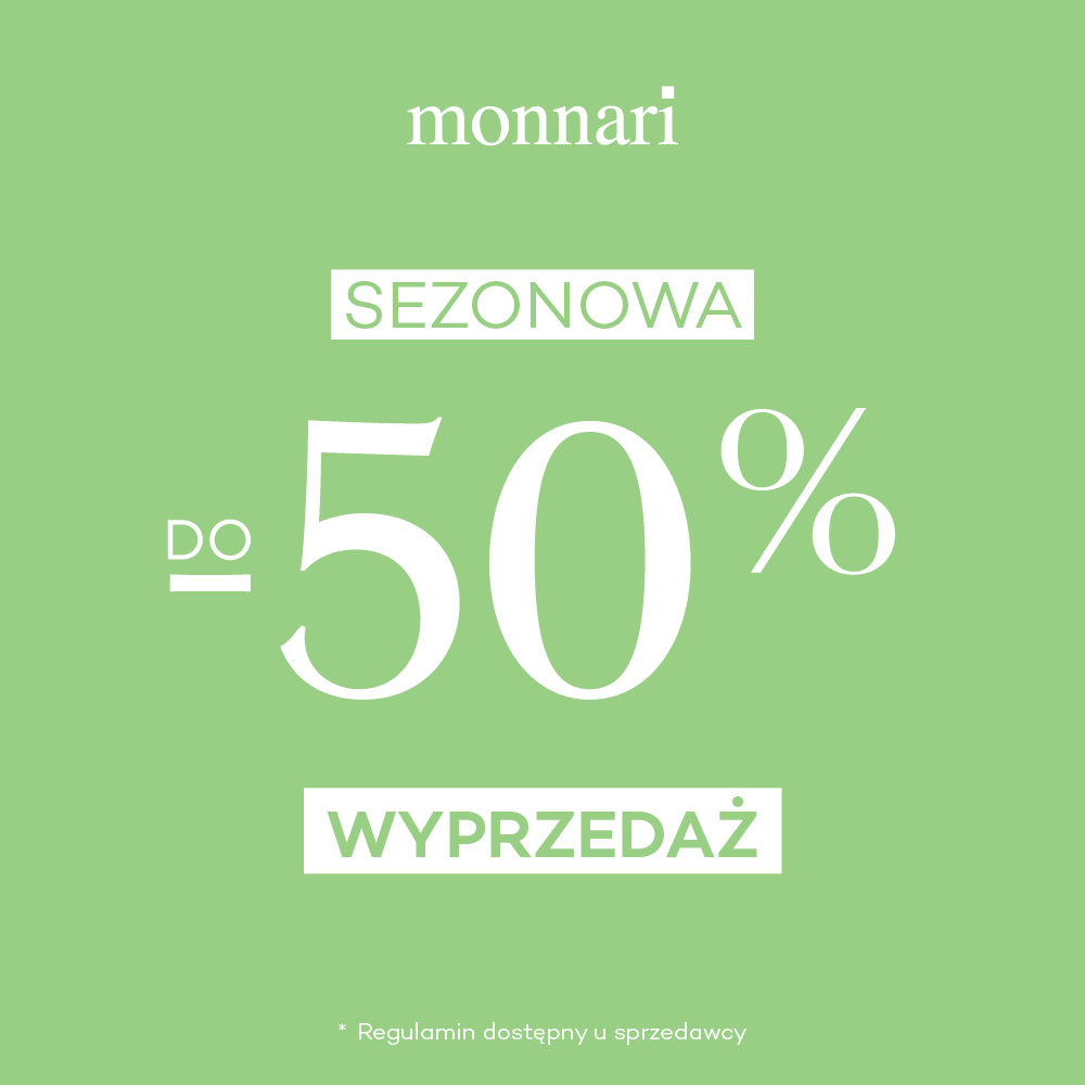 Grafika w kolorze zielonym informująca o promocji w salonie Monnari do -50%.