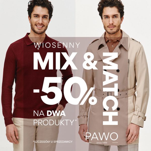 Zdjęcie przedstawiające dwie stylizacje męskie, informujące o promocji Mix&Match -50%.