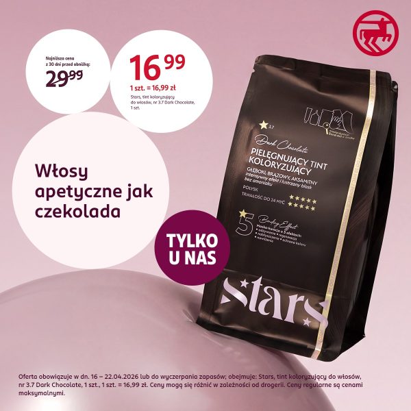 Grafika promocyjna prezentująca produkt marki Stars, tint do włosów, w promocyjnej cenie 16,99zł.
