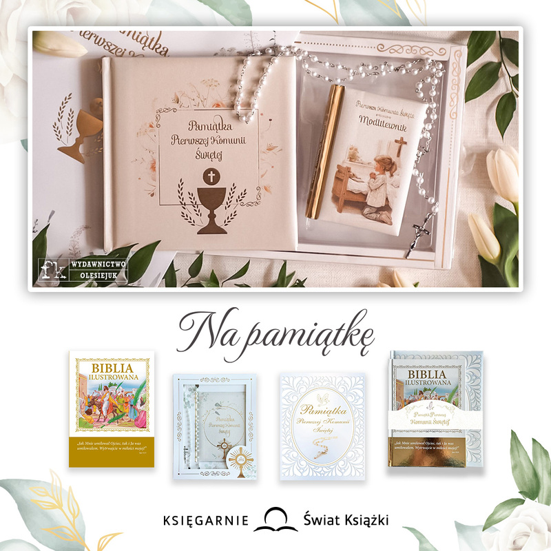 Grafika promująca ofertę „Top prezenty na komunię” w księgarni Świat Książki, obejmująca książki, gry i artykuły pamiątkowe.