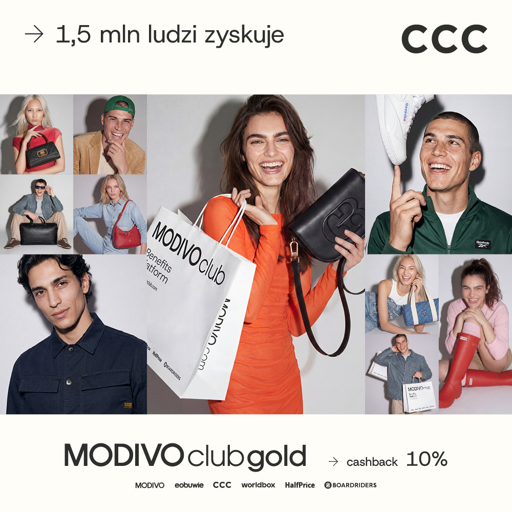 Grafika promocyjna CCC przedstawia kolaż zdjęć kobiet i mężczyzn prezentujących modne ubrania, torebki, buty oraz akcesoria. W centralnej części znajduje się kobieta w pomarańczowej sukience trzymająca torebkę i torbę z logo MODIVO Club. Na grafice widnieje informacja o programie MODIVO Club Gold oraz cashbacku 10%. Widoczne są także logotypy marek i sklepów, m.in. MODIVO, eobuwie, CCC i HalfPrice.