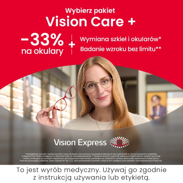 Grafika promocyjna Vision Express przedstawia kobietę w okularach trzymającą czerwone oprawki w salonie optycznym. Na czerwonym tle widoczna jest informacja o pakiecie Vision Care Plus, obejmującym rabat „-33% na okulary”, wymianę szkieł i okularów oraz nielimitowane badanie wzroku. Na dole znajduje się logo Vision Express oraz informacja, że produkt jest wyrobem medycznym.