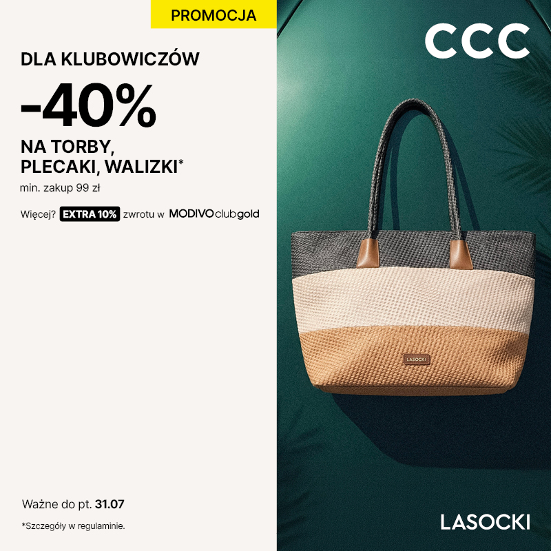 grafika promocyjna marki ccc, torba na grafice i napisy walizki torby plecaki -40%