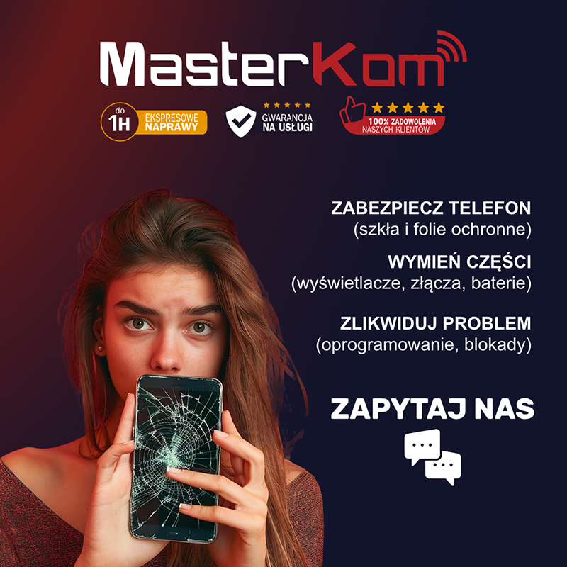Grafika promocyjna marki MasterKom. Grafika reklamująca naprawę telefonu i wsparcie techniczne.