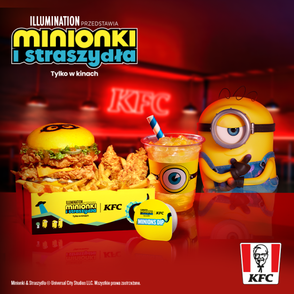 Grafika promocyjna w KFC. Minionki reklamujące zestaw KFC.