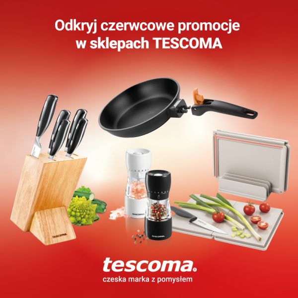 Grafika promocyjna dla marki Tescoma. Noże, patelnia, deska do krojenia, solniczka i pieprzniczka na czerwonym tle.