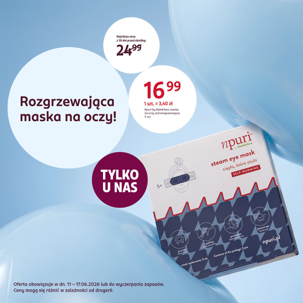 Grafika dla promocji w Rosmann. Zdjęcie jednego z produktów objętych promocją. Rozgrzewająca maska na oczy.