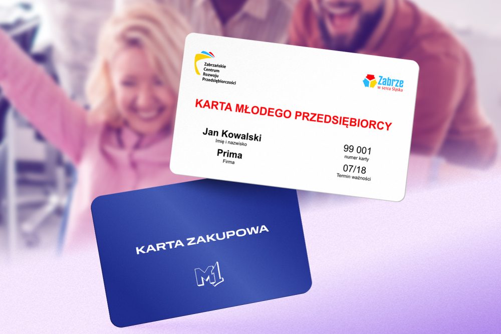 Grafika promująca zniżkę 5 % na karty zakupowe i nośniki reklamowe dla młodych przedsiębiorców. Karta zakupowa, karta młodego przedsiębiorcy, dziecko z rodzciem w tle grafiki.