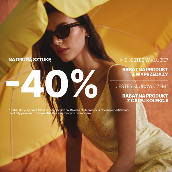 Promocja marki diverse. Kobieta w żółtym stroju i napis -40% na 2 sztukę.
