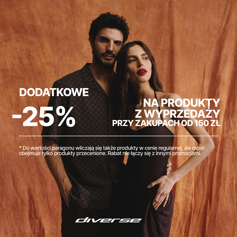 Grafika promocyjna marki diverse. Mężczyzna i kobieta elegancko ubrani na brązowym tle.