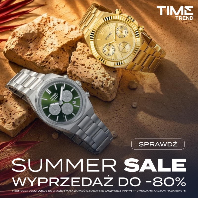 Grafika promocyjna marki Time Trend. Wyprzedaż wakacyjna, zegarki na piasku i na kamieniach.