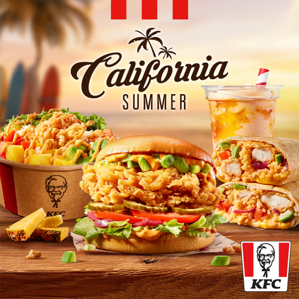 Grafika promocyjna dla KFC. Burgery, wrapy i poke bowl z nowej edycji california summer.