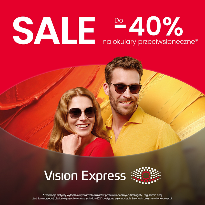 Grafika promocyjna marki Vision Express. Mężczyzna w żółtej koszulce i kobieta w czerwonej, reklamujący okulary przeciwsłoneczne.