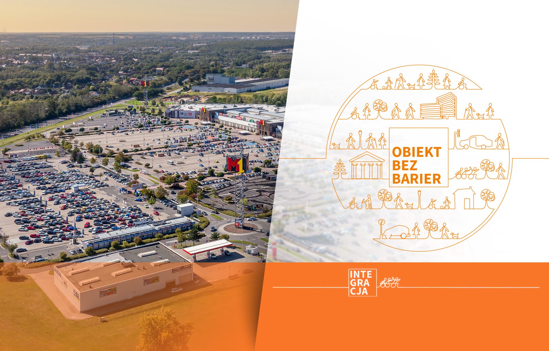 Certyfikat obb, obiekt bez barier, centrum handlowego M1 Zabrze. Certyfikat OBB na tle centrum handlowego M1 Zabrze.