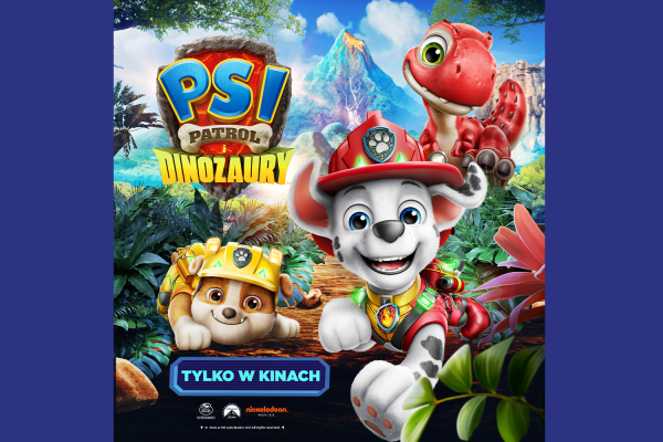 Grafika promująca event dla dzieci Psi Patrol w M1. Bohaterowie Psiego Patrolu w świecie dinozaurów.