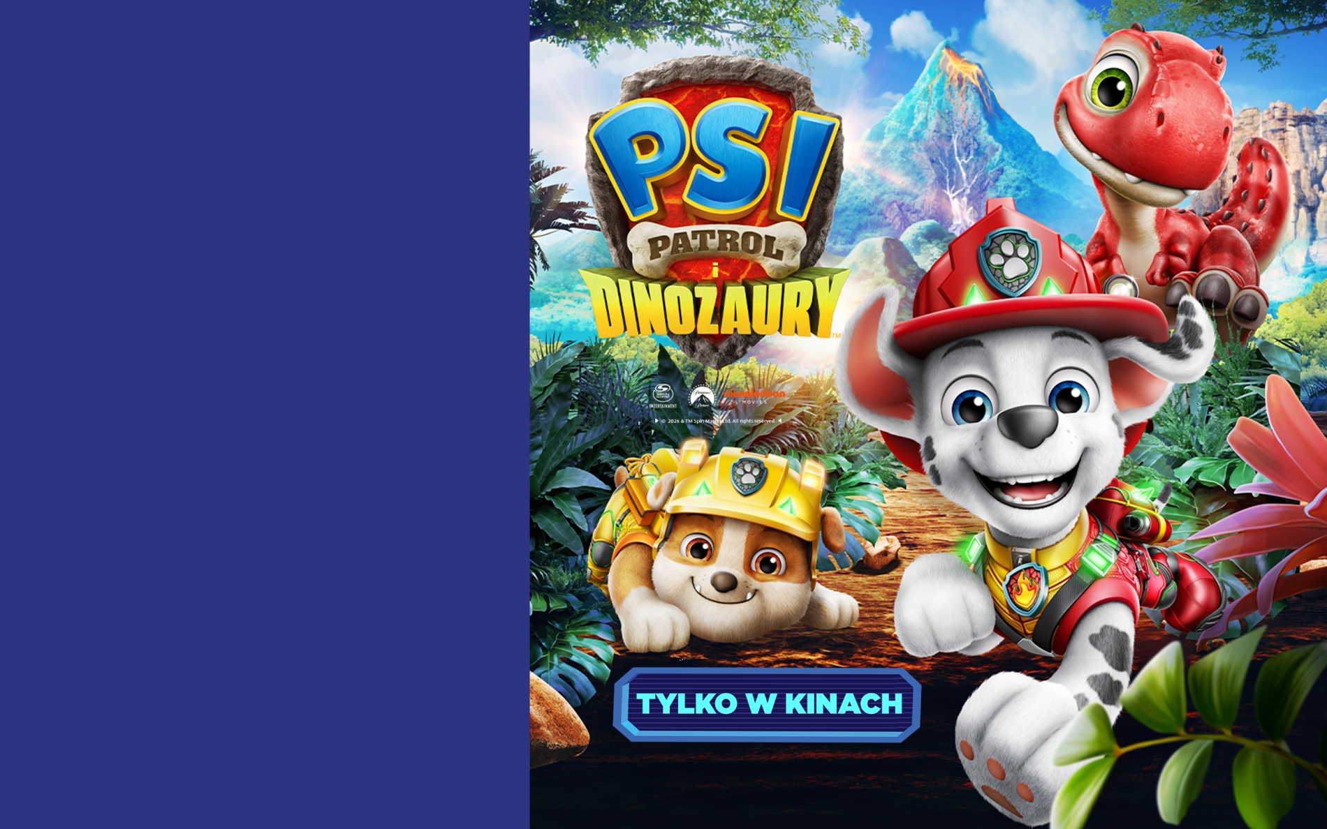 Grafika promująca event dla dzieci Psi Patrol w M1. Bohaterowie Psiego Patrolu w świecie dinozaurów.