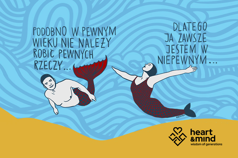 Grafika przedstawiająca syrenki namalowane przez Marte Frej. Grafika promocyjna dla kampanii praca po 50 roku zycia.