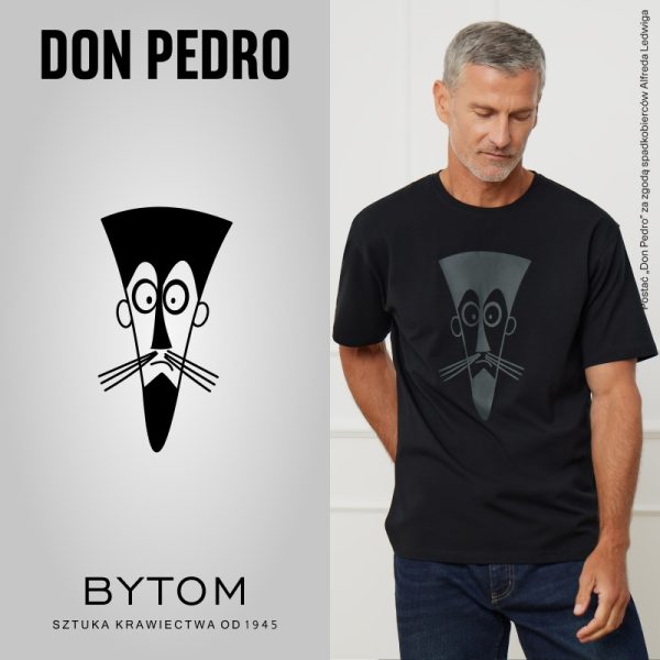 Grafika promocyjna marki BYTOM. Kolekcja don Pedrro. Mężczyzna ubrany w czarny tshirt z kolekcji.