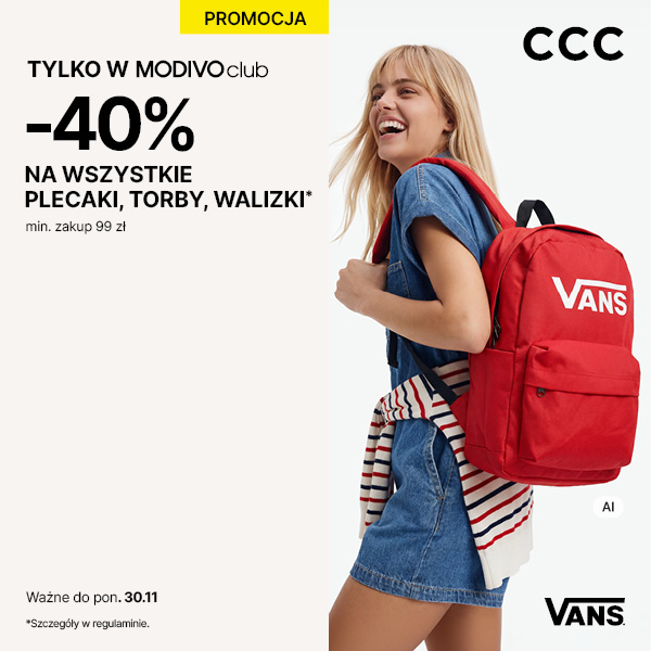 Grafika promocyjna marki CCC. -40% TOREBKI PLECAKI WALIZKI. Dziewczyna blondynka z czerwonym plecakiem Vans.