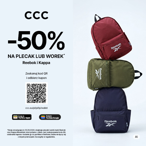 Grafika promocyjna marki CCC. 3 plecaki reebok zielony czerwony i granatowy. -50% na plecak lub worek.