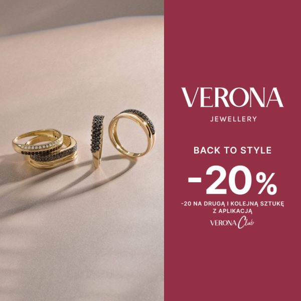 Grafika promocyjna marki Verona. Pozłacana biżuteria pierścionki z czarnymi kamyczkami.
