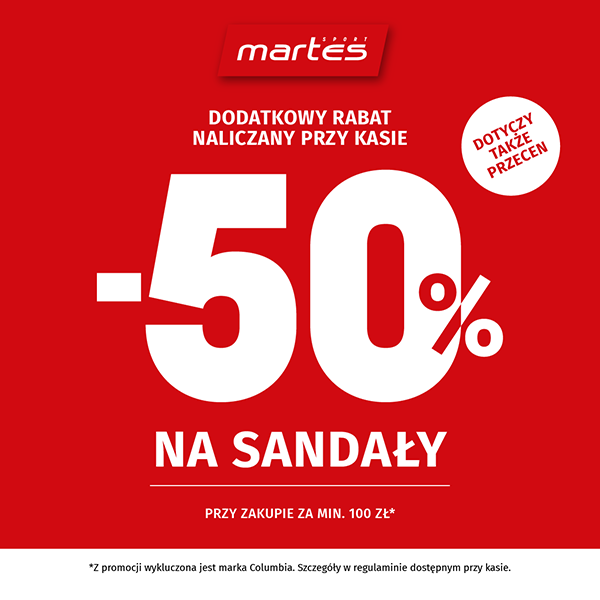 Grafika promocyjna marki martes sport. Napisy -50% na sandały na czerwonym tle.