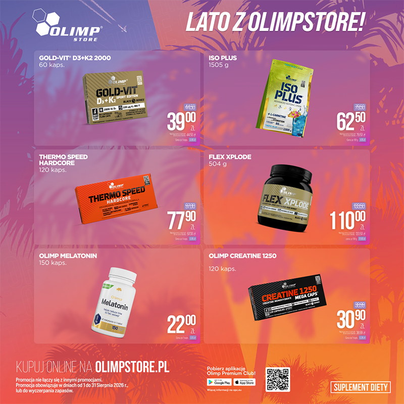 Grafika promocyjna marki olimp store. Suplementy melatonina, kreatyna, witaminy, produkty objęte promocją.