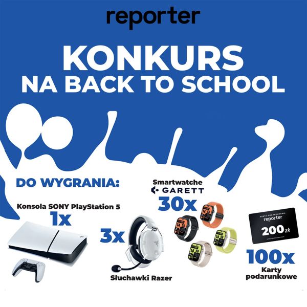 Grafika promocyjna marki reporter promująca konkurs. Play station, słuchawki, karty podarunkowe, smart watche na biało-niebieskim layoutcie.