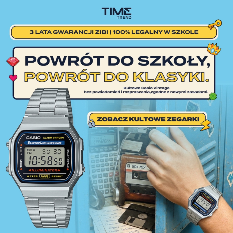 Grafika promocyjna marki time trend. Vintage zegarek casio na niebieskim tle i szafka szkolna.