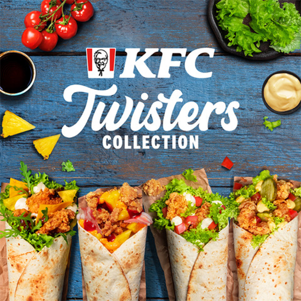KFC promotional graphic. Collection of new twister wraps.