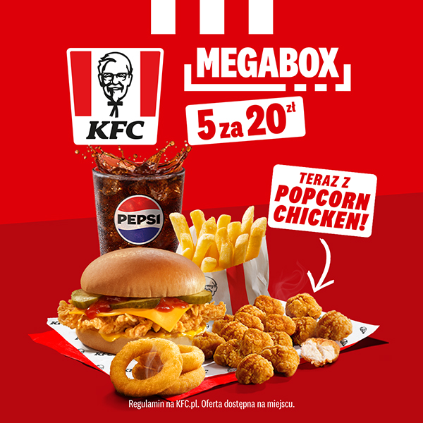 Grafika promocyjna KFC. Megabox z nowymi kurczakami popcorn.