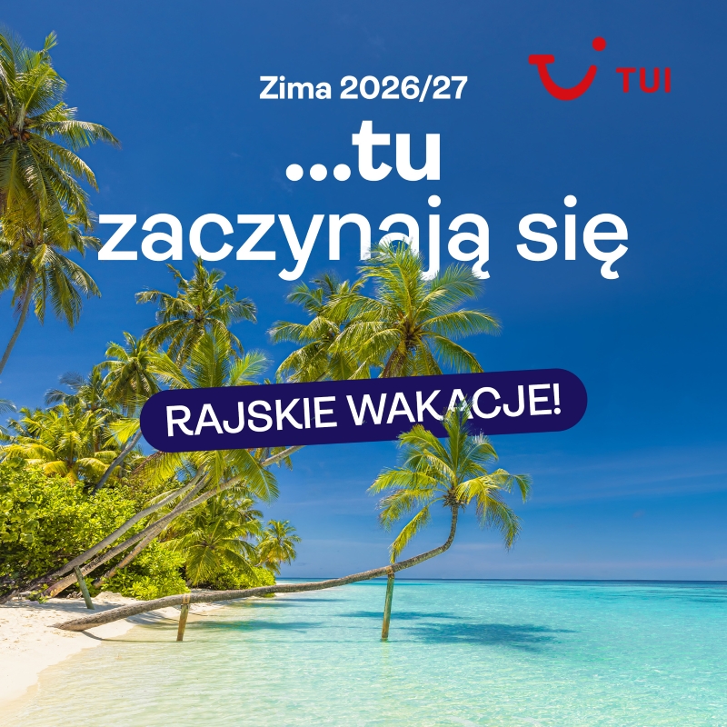 Grafika promocyjna biura podróży TUI. Rajskie wakacje na rajskiej plaża.
