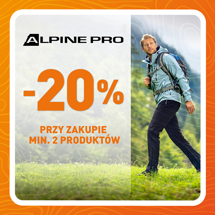 Grafika promocyjna marki Alpine Pro. -20% rabaty przy zakupie 2 przedmiotów_mężczyzna chodzący po górach.
