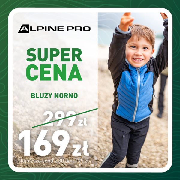 Grafika promocyjna marki Alpine Pro. Chłopiec w dziecięcej zimowej kurtce norno.
