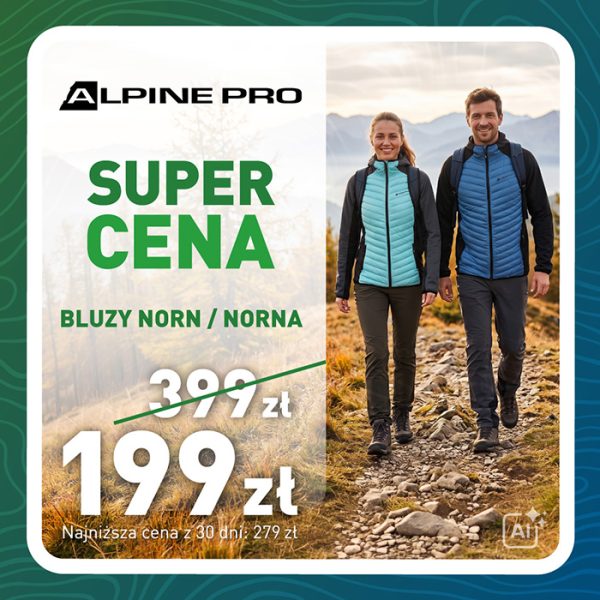 Grafika promocyjna marki Alpine Pro. Mężczyzna i kobieta w zimowych kurtkach norn i norna.