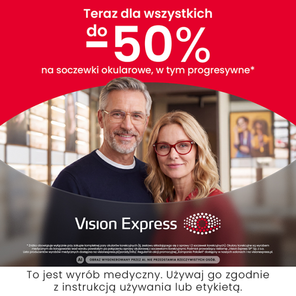 Рекламне зображення бренду Vision Express. Подружня пара в окулярах рекламує лінзи для окулярів.