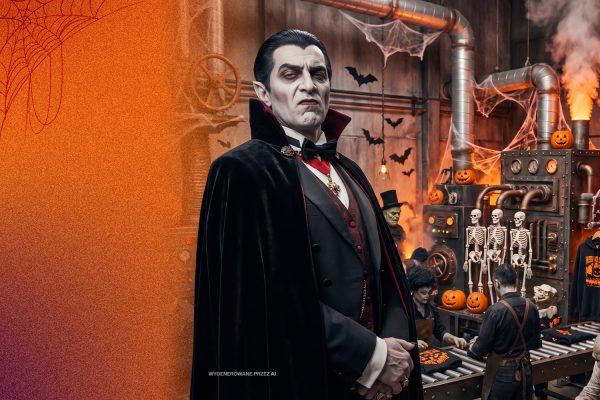 Grafika promująca wydarzenie halloweenowa fabryka grozy w M1. Wampir na tle fabryki grozy gdzie produkowane są bluzy i koszulki z nadrukami. Szkielety, nietoperze, pajęczyny i dynie.