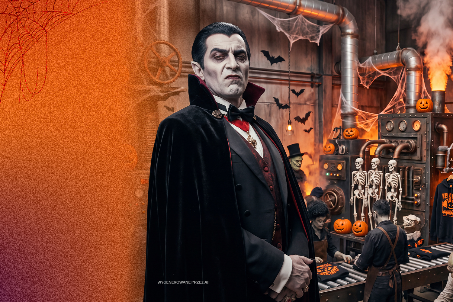 Grafika promująca wydarzenie halloweenowa fabryka grozy w M1. Wampir na tle fabryki grozy gdzie produkowane są bluzy i koszulki z nadrukami. Szkielety, nietoperze, pajęczyny i dynie.
