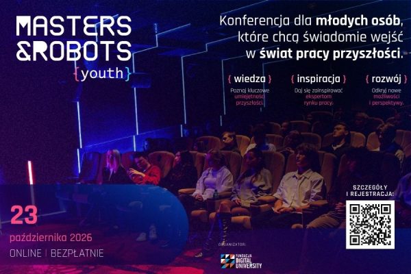 Графіка для заходу MASTERS&ROBOTS. Молодь сидить в аудиторії та слухає лекції.