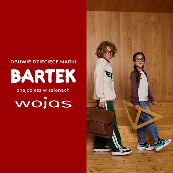 Grafika promocyjna marki WOJAS. Chłopiec niosący teczkę szkolną i dziewczynka trzymająca dużą ekierkę. Dzieci reklamujące kolekcję obuwia BARTEK.