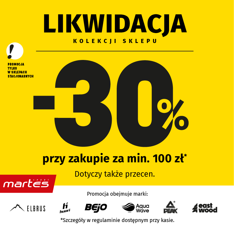 Grafika promująca likwidację kolekcji w martes sport. Napisy -30% na marki; Elbrus, Huari, Bejo, AquaWave, Peak oraz Eastwood.