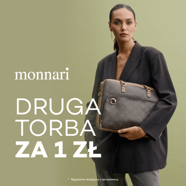 Kobieta w ciemnej marynarce trzyma brązową torbę na oliwkowym tle. Obok logo Monnari i napis „Druga torba za 1 zł”. Regulamin dostępny u sprzedawcy.