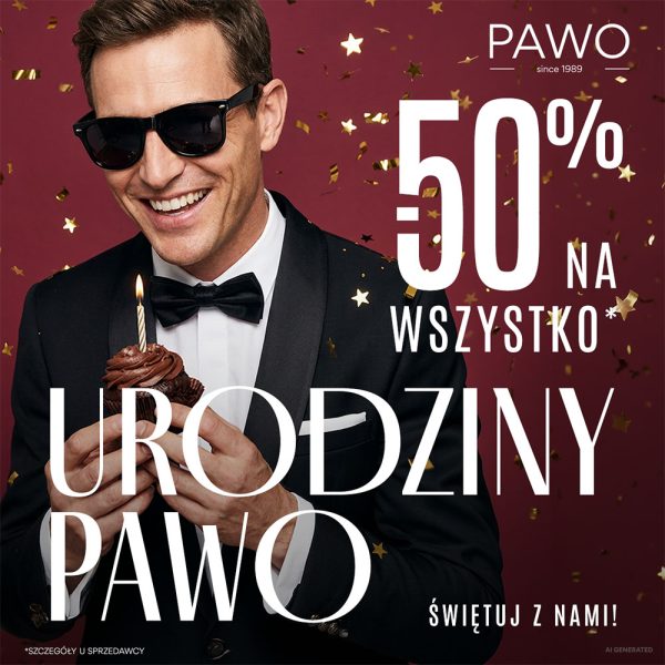 Uśmiechnięty mężczyzna w czarnym garniturze, muszce i okularach przeciwsłonecznych trzyma babeczkę z zapaloną świeczką. Na bordowym tle złote konfetti, logo PAWO i napisy „Urodziny PAWO”, „-50% na wszystko” oraz „Świętuj z nami!”. Szczegóły u sprzedawcy.