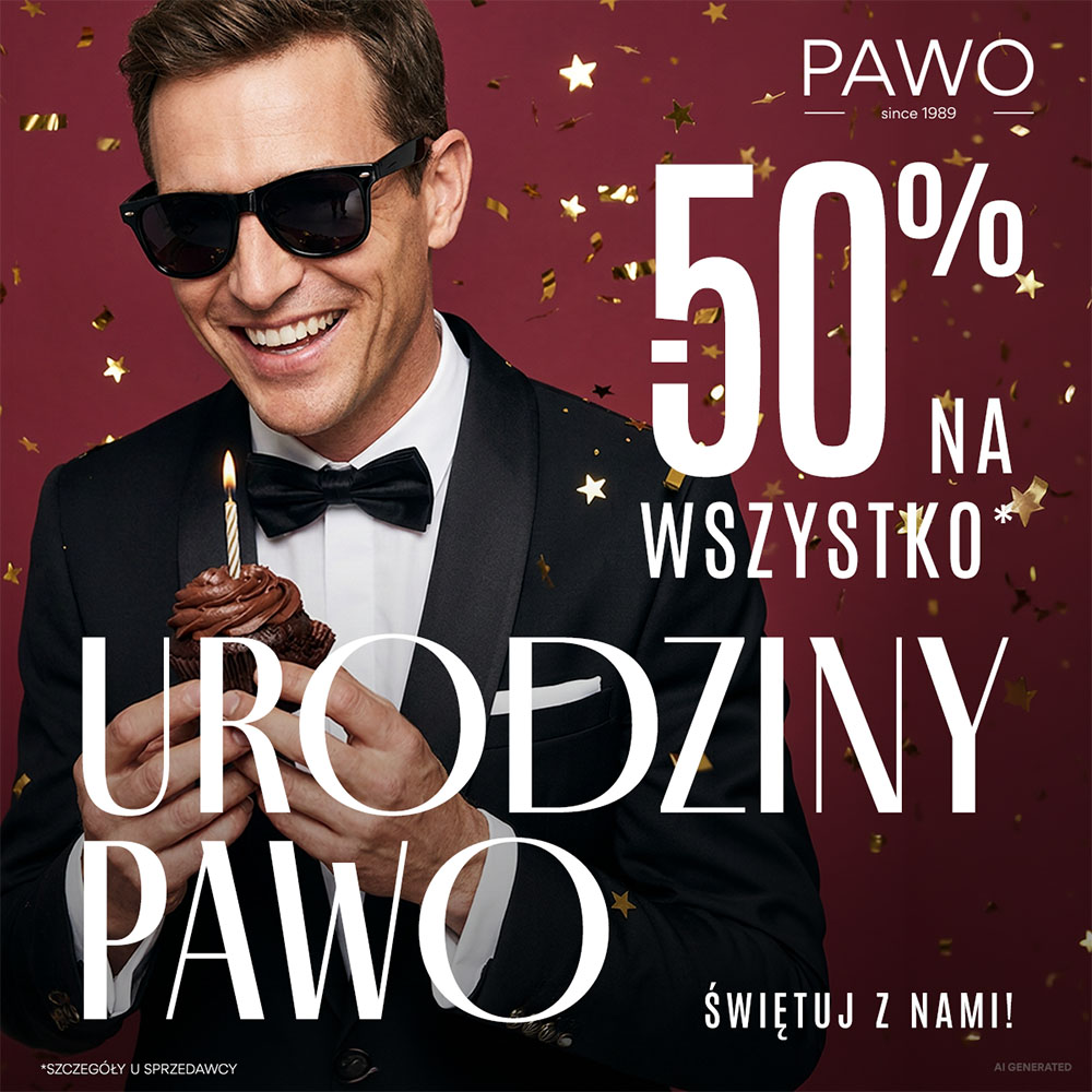 Uśmiechnięty mężczyzna w czarnym garniturze, muszce i okularach przeciwsłonecznych trzyma babeczkę z zapaloną świeczką. Na bordowym tle złote konfetti, logo PAWO i napisy „Urodziny PAWO”, „-50% na wszystko” oraz „Świętuj z nami!”. Szczegóły u sprzedawcy.