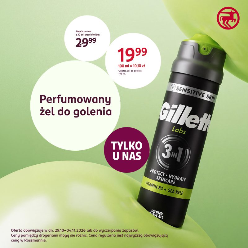 Żel do golenia Gillette Labs Sensitive Skin 3w1 na zielonym tle. Grafika Rossmann z ceną promocyjną 19,99 zł za 198 ml i hasłem „Tylko u nas”.
